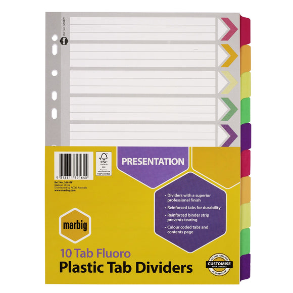 DIVIDERS MARBIG A4 MANILLA FLUORO 10 TAB