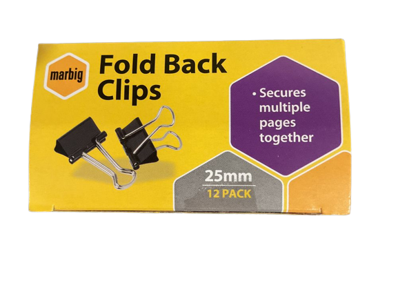 FOLDBACK CLIPS MARBIG 25MM BLACK BX12